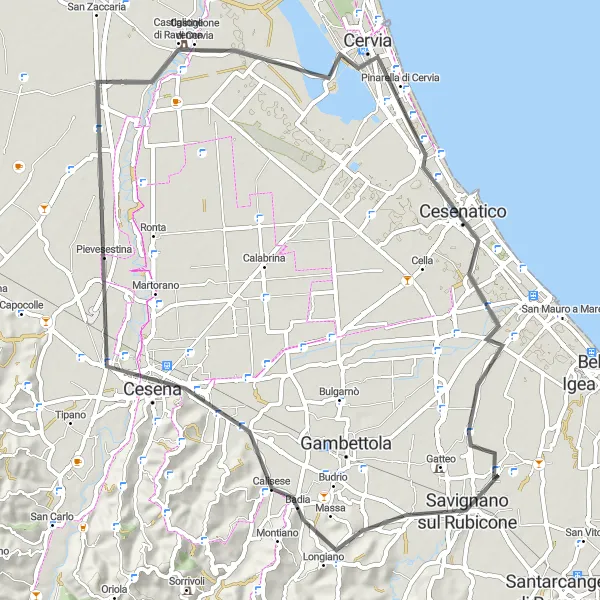 Miniatura della mappa di ispirazione al ciclismo "Gatteo-Sant'Angelo - Longiano - Cesena - Cervia - Cesenatico - San Mauro Pascoli (67 km)" nella regione di Emilia-Romagna, Italy. Generata da Tarmacs.app, pianificatore di rotte ciclistiche