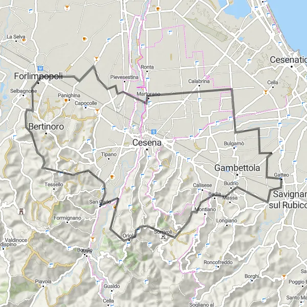Miniature de la carte de l'inspiration cycliste "Parcours pittoresque de 79 km à travers les collines" dans la Emilia-Romagna, Italy. Générée par le planificateur d'itinéraire cycliste Tarmacs.app