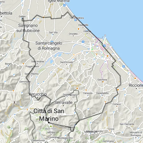 Miniatura della mappa di ispirazione al ciclismo "Gatteo-Sant'Angelo - Gatteo-Sant'Angelo" nella regione di Emilia-Romagna, Italy. Generata da Tarmacs.app, pianificatore di rotte ciclistiche