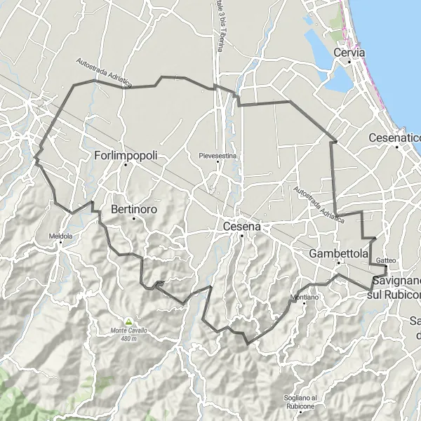 Zemljevid v pomanjšavi "Zgodovinska pot do Pievequinte vzdolž reke Marecchia" kolesarske inspiracije v Emilia-Romagna, Italy. Generirano z načrtovalcem kolesarskih poti Tarmacs.app