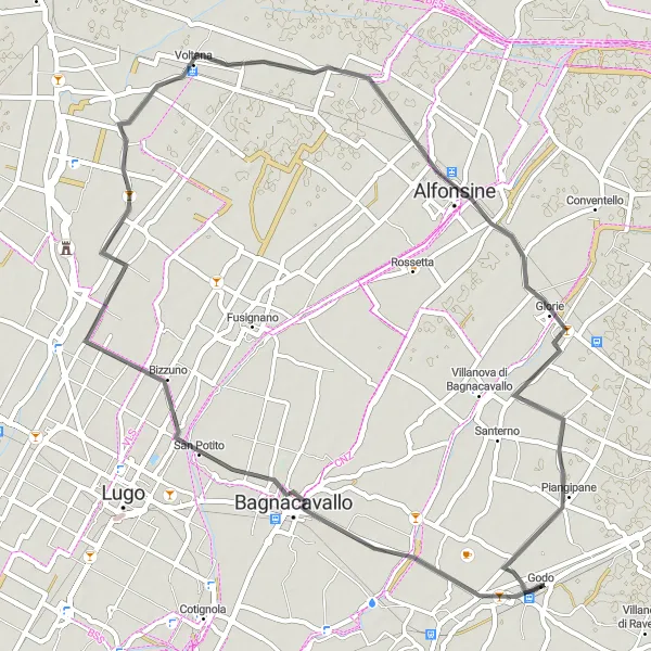 Miniature de la carte de l'inspiration cycliste "Tour paisible de San Potito à Mezzano" dans la Emilia-Romagna, Italy. Générée par le planificateur d'itinéraire cycliste Tarmacs.app