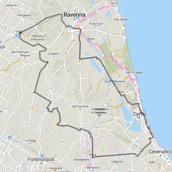 Miniaturní mapa "Okružní cyklotrasa Godo - Milano Marittima" inspirace pro cyklisty v oblasti Emilia-Romagna, Italy. Vytvořeno pomocí plánovače tras Tarmacs.app