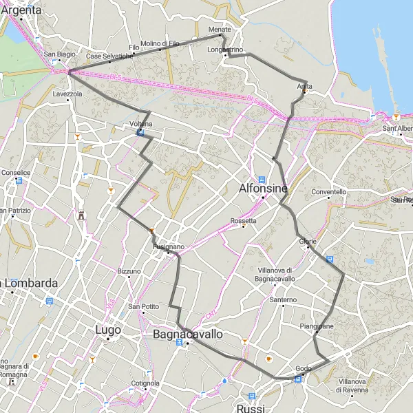 Miniatura della mappa di ispirazione al ciclismo "La Strada verso Fusignano" nella regione di Emilia-Romagna, Italy. Generata da Tarmacs.app, pianificatore di rotte ciclistiche