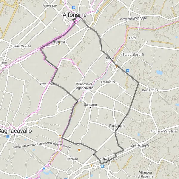 Kartminiatyr av "Kort sykkeltur til Alfonsine fra Godo" sykkelinspirasjon i Emilia-Romagna, Italy. Generert av Tarmacs.app sykkelrutoplanlegger