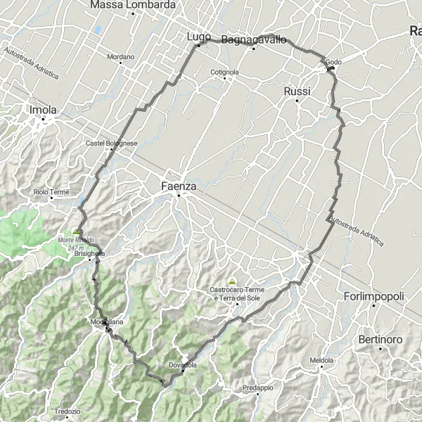 Miniatura della mappa di ispirazione al ciclismo "L'Avventuroso Tour delle Colline emiliane" nella regione di Emilia-Romagna, Italy. Generata da Tarmacs.app, pianificatore di rotte ciclistiche