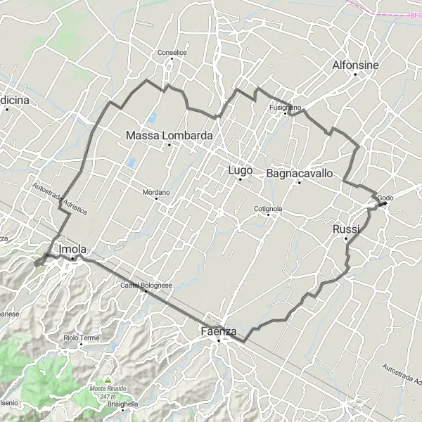 Miniaturní mapa "Kolem Castel Bolognese" inspirace pro cyklisty v oblasti Emilia-Romagna, Italy. Vytvořeno pomocí plánovače tras Tarmacs.app