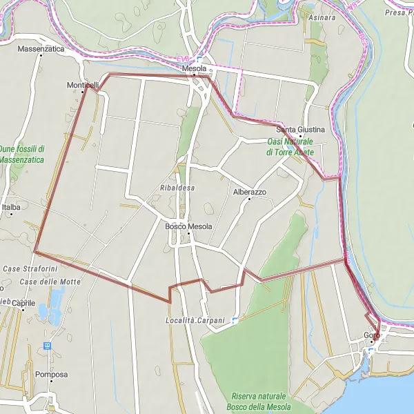Kartminiatyr av "Kort grusvei sykkeltur til Goro" sykkelinspirasjon i Emilia-Romagna, Italy. Generert av Tarmacs.app sykkelrutoplanlegger