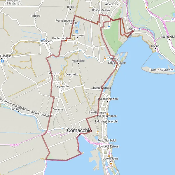 Kartminiatyr av "Grusvei eventyr gjennom Comacchio til Goro" sykkelinspirasjon i Emilia-Romagna, Italy. Generert av Tarmacs.app sykkelrutoplanlegger