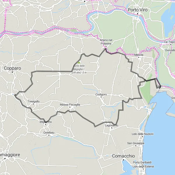 Miniatura della mappa di ispirazione al ciclismo "Percorso Cicloturistico da Vaccolino a Ariano nel Polesine" nella regione di Emilia-Romagna, Italy. Generata da Tarmacs.app, pianificatore di rotte ciclistiche