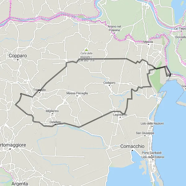 Kartminiatyr av "Sykling til Goro via Vaccolino og Jolanda di Savoia" sykkelinspirasjon i Emilia-Romagna, Italy. Generert av Tarmacs.app sykkelrutoplanlegger