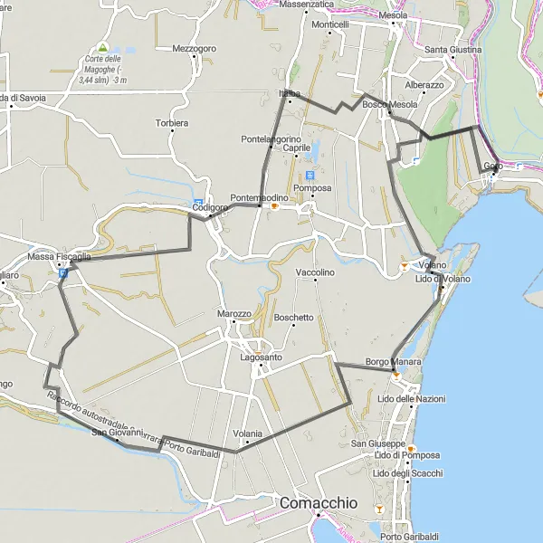 Map miniature of "Codigoro Coastal Ride" cycling inspiration in Emilia-Romagna, Italy. Generated by Tarmacs.app cycling route planner