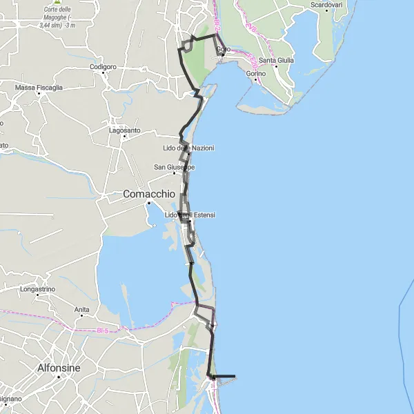 Miniatura mapy "Trasa dookoła Goro - Trasa rowerowa drogowa" - trasy rowerowej w Emilia-Romagna, Italy. Wygenerowane przez planer tras rowerowych Tarmacs.app