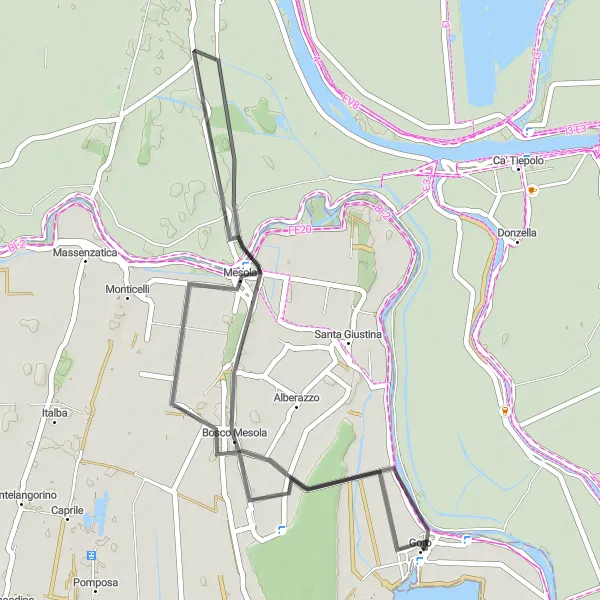 Kartminiatyr av "Goro til Bosco Mesola Landevei Sykkeltur" sykkelinspirasjon i Emilia-Romagna, Italy. Generert av Tarmacs.app sykkelrutoplanlegger