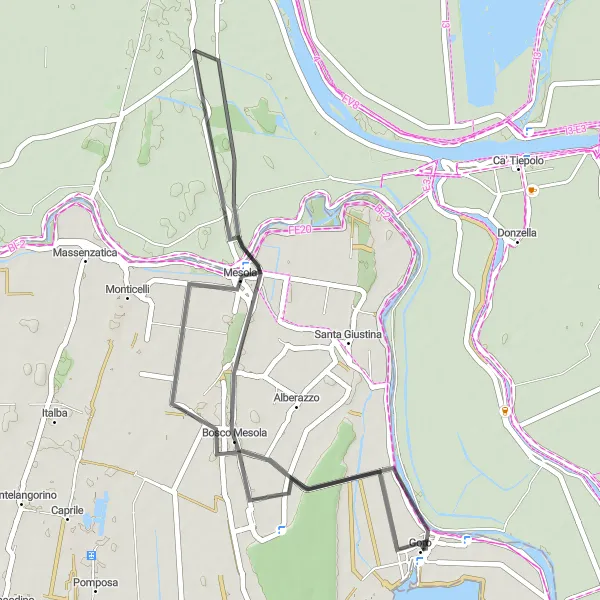 Miniatura della mappa di ispirazione al ciclismo "Itinerario Stradale tra Bosco Mesola e Goro" nella regione di Emilia-Romagna, Italy. Generata da Tarmacs.app, pianificatore di rotte ciclistiche