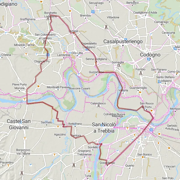 Karttaminiaatyyri "Gravel-retki Rottofrenoon ja Badia Paveseen" pyöräilyinspiraatiosta alueella Emilia-Romagna, Italy. Luotu Tarmacs.app pyöräilyreittisuunnittelijalla