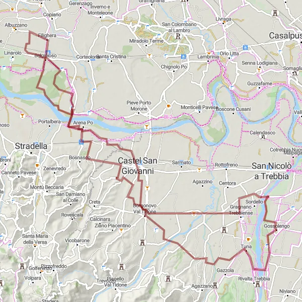 Kartminiatyr av "Grusväg från Gossolengo till Sarturano" cykelinspiration i Emilia-Romagna, Italy. Genererad av Tarmacs.app cykelruttplanerare