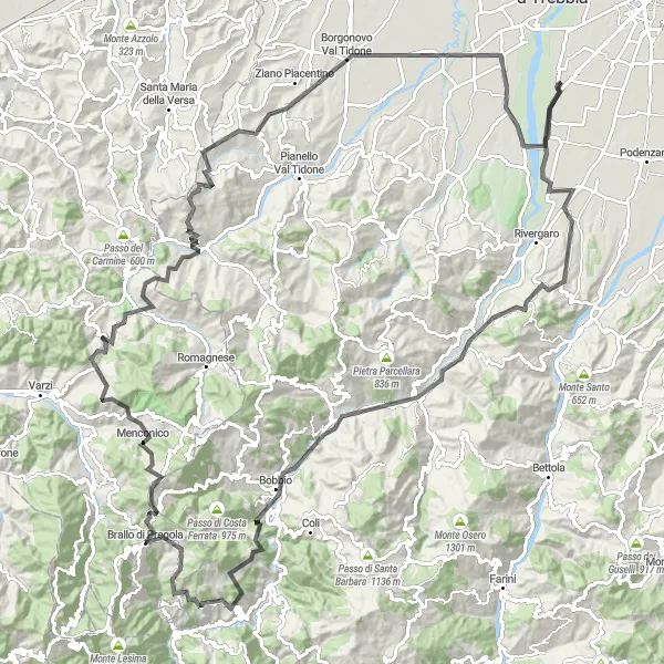 Miniatua del mapa de inspiración ciclista "Desafío de 150 km en carretera desde Gossolengo a Gragnano Trebbiense" en Emilia-Romagna, Italy. Generado por Tarmacs.app planificador de rutas ciclistas