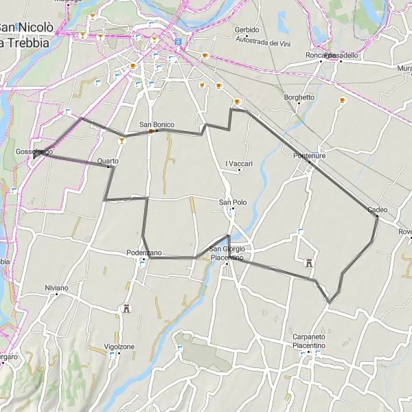 Kartminiatyr av "San Bonico til Gossolengo Sykkeltur" sykkelinspirasjon i Emilia-Romagna, Italy. Generert av Tarmacs.app sykkelrutoplanlegger