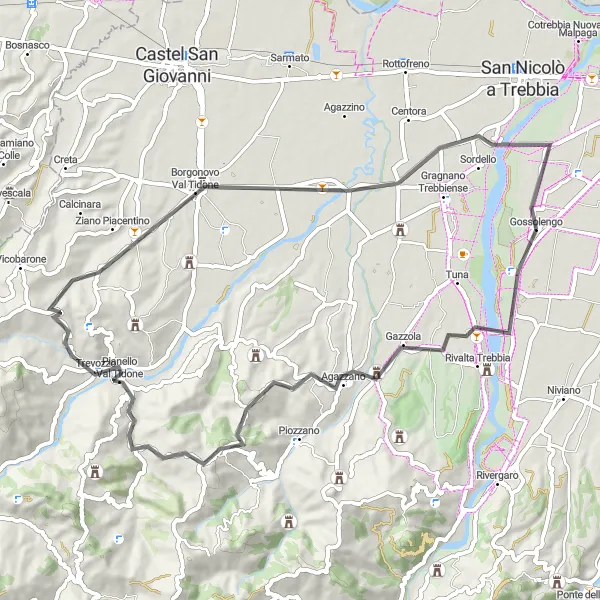 Miniatua del mapa de inspiración ciclista "Ruta en Carretera por Pianello Val Tidone y alrededores" en Emilia-Romagna, Italy. Generado por Tarmacs.app planificador de rutas ciclistas