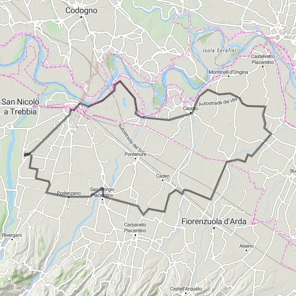 Miniature de la carte de l'inspiration cycliste "Aventure en vélo dans la province de Placenza" dans la Emilia-Romagna, Italy. Générée par le planificateur d'itinéraire cycliste Tarmacs.app