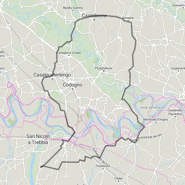 Kartminiatyr av "Rundtur genom Castelnuovo Bocca d'Adda" cykelinspiration i Emilia-Romagna, Italy. Genererad av Tarmacs.app cykelruttplanerare