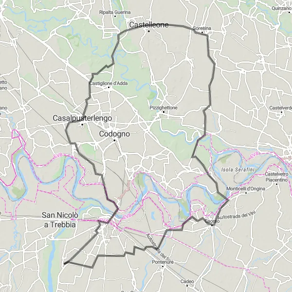 Karttaminiaatyyri "Piacenza - San Bonico Circuit" pyöräilyinspiraatiosta alueella Emilia-Romagna, Italy. Luotu Tarmacs.app pyöräilyreittisuunnittelijalla