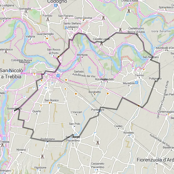 Kartminiatyr av "Opplev Piacenza på landeveier" sykkelinspirasjon i Emilia-Romagna, Italy. Generert av Tarmacs.app sykkelrutoplanlegger