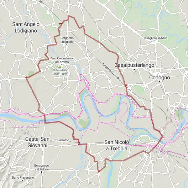 Miniatura della mappa di ispirazione al ciclismo "Rottofreno to San Rocco al Porto Gravel Cycling Route" nella regione di Emilia-Romagna, Italy. Generata da Tarmacs.app, pianificatore di rotte ciclistiche