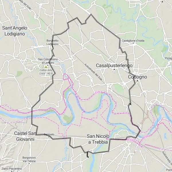 Zemljevid v pomanjšavi "Cesta skozi pokrajino Emilia-Romagna" kolesarske inspiracije v Emilia-Romagna, Italy. Generirano z načrtovalcem kolesarskih poti Tarmacs.app