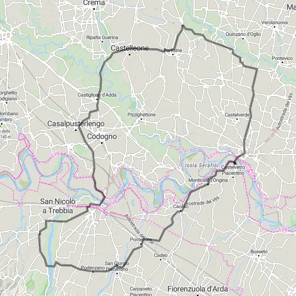 Karttaminiaatyyri "Pitkä matka Piacenzan maaseudulla" pyöräilyinspiraatiosta alueella Emilia-Romagna, Italy. Luotu Tarmacs.app pyöräilyreittisuunnittelijalla