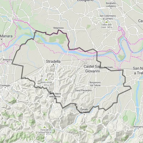 Mapa miniatúra "Cyklistická trasa okolo Gragnano Trebbiense - Road" cyklistická inšpirácia v Emilia-Romagna, Italy. Vygenerované cyklistickým plánovačom trás Tarmacs.app