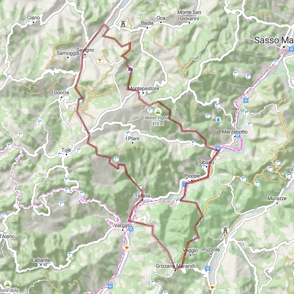 Miniatura della mappa di ispirazione al ciclismo "Giro in bici da Grizzana Morandi a Savigno" nella regione di Emilia-Romagna, Italy. Generata da Tarmacs.app, pianificatore di rotte ciclistiche