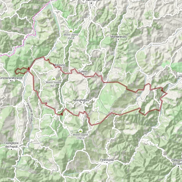 Mapa miniatúra "Gravel Biking Adventure around Grizzana Morandi" cyklistická inšpirácia v Emilia-Romagna, Italy. Vygenerované cyklistickým plánovačom trás Tarmacs.app