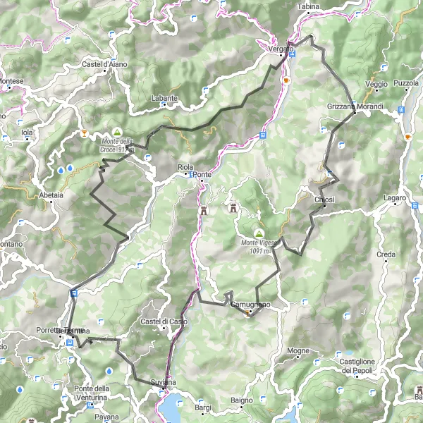 Miniaturní mapa "Okružní cyklistická trasa poblíž Grizzana Morandi" inspirace pro cyklisty v oblasti Emilia-Romagna, Italy. Vytvořeno pomocí plánovače tras Tarmacs.app