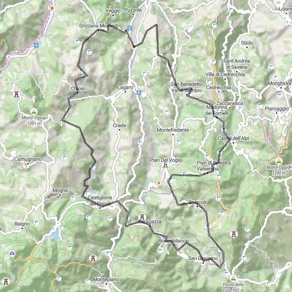 Map miniature of "Hills and Historic Villages" cycling inspiration in Emilia-Romagna, Italy. Generated by Tarmacs.app cycling route planner