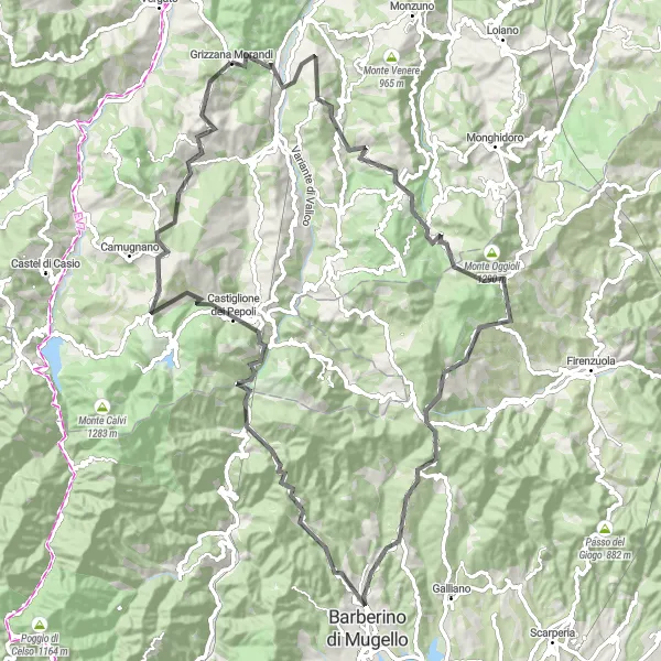 Zemljevid v pomanjšavi "Kolesarjenje skozi čudovite pokrajine v okolici Grizzane Morandi" kolesarske inspiracije v Emilia-Romagna, Italy. Generirano z načrtovalcem kolesarskih poti Tarmacs.app