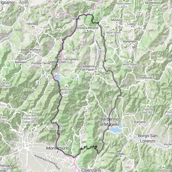 Miniature de la carte de l'inspiration cycliste "Tour des montagnes de Barberino di Mugello" dans la Emilia-Romagna, Italy. Générée par le planificateur d'itinéraire cycliste Tarmacs.app