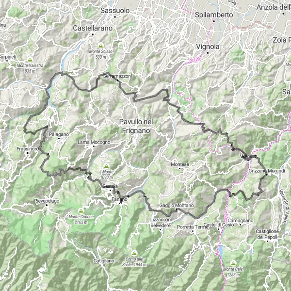 Miniature de la carte de l'inspiration cycliste "Expédition de cyclisme route vers Castellino delle Formiche et Farneta" dans la Emilia-Romagna, Italy. Générée par le planificateur d'itinéraire cycliste Tarmacs.app
