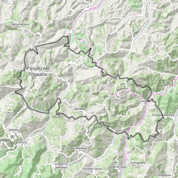 Map miniature of "Grizzana Morandi Circuit" cycling inspiration in Emilia-Romagna, Italy. Generated by Tarmacs.app cycling route planner