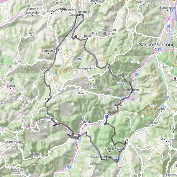 Zemljevid v pomanjšavi "Raziskovanje okoli Grizzane Morandi - Monte Bonsara" kolesarske inspiracije v Emilia-Romagna, Italy. Generirano z načrtovalcem kolesarskih poti Tarmacs.app