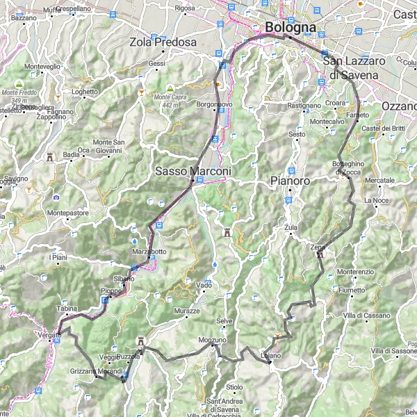 Zemljevid v pomanjšavi "Potovanje po cestah okoli Grizzane Morandi" kolesarske inspiracije v Emilia-Romagna, Italy. Generirano z načrtovalcem kolesarskih poti Tarmacs.app