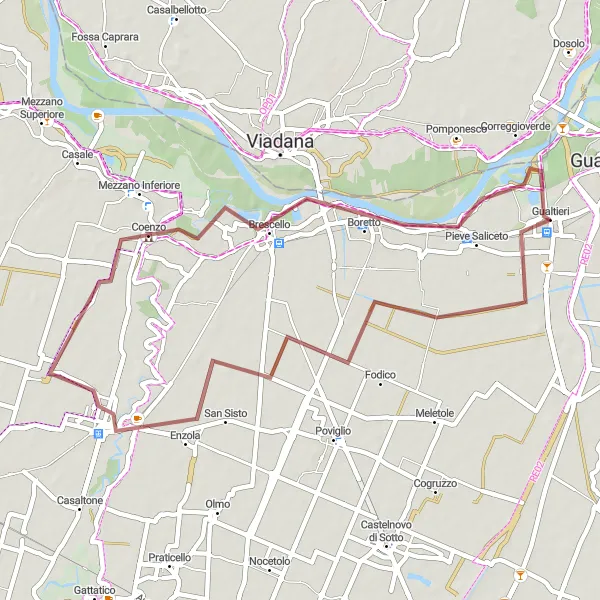 Miniatua del mapa de inspiración ciclista "Ruta de ciclismo de grava Gualtieri - Pieve Saliceto" en Emilia-Romagna, Italy. Generado por Tarmacs.app planificador de rutas ciclistas