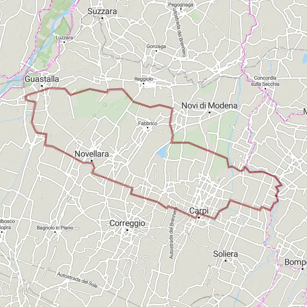 Miniatua del mapa de inspiración ciclista "Exploración por Guastalla, San Genesio, Carpi y Novellara" en Emilia-Romagna, Italy. Generado por Tarmacs.app planificador de rutas ciclistas