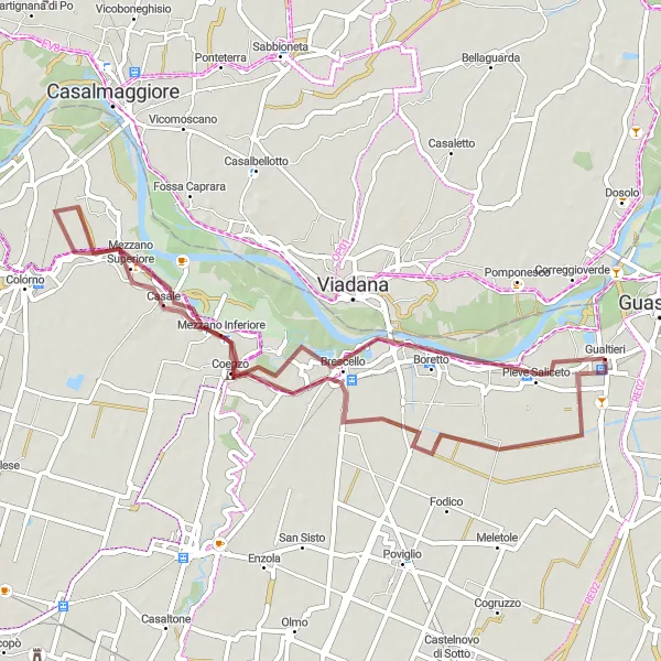 Miniatua del mapa de inspiración ciclista "Ruta de Grava por Brescello, Copermio y Ghiare Bonvisi" en Emilia-Romagna, Italy. Generado por Tarmacs.app planificador de rutas ciclistas