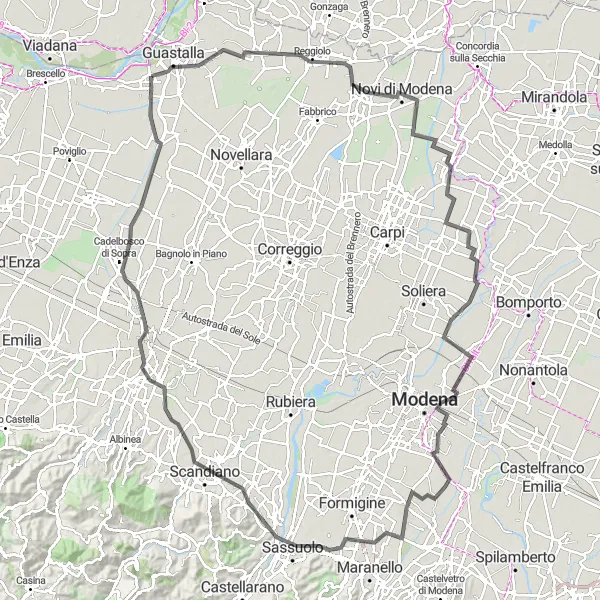 Map miniature of "Montecchio Emilia Grand Tour" cycling inspiration in Emilia-Romagna, Italy. Generated by Tarmacs.app cycling route planner