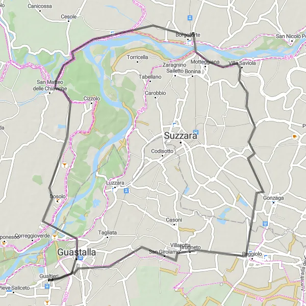 Miniatua del mapa de inspiración ciclista "Ruta de ciclismo de ida y vuelta desde Gualtieri a varios pueblos cercanos" en Emilia-Romagna, Italy. Generado por Tarmacs.app planificador de rutas ciclistas
