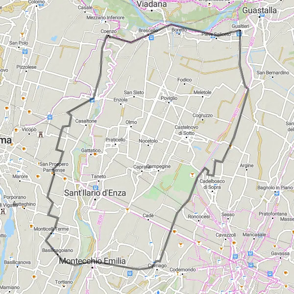 Miniaturní mapa "Road Adventure to Montecchio Emilia" inspirace pro cyklisty v oblasti Emilia-Romagna, Italy. Vytvořeno pomocí plánovače tras Tarmacs.app