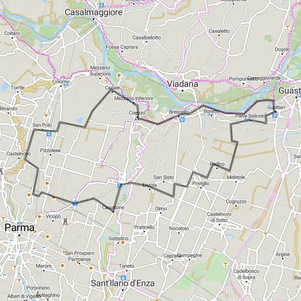 Kartminiatyr av "Utforska Poviglio och Brescello" cykelinspiration i Emilia-Romagna, Italy. Genererad av Tarmacs.app cykelruttplanerare