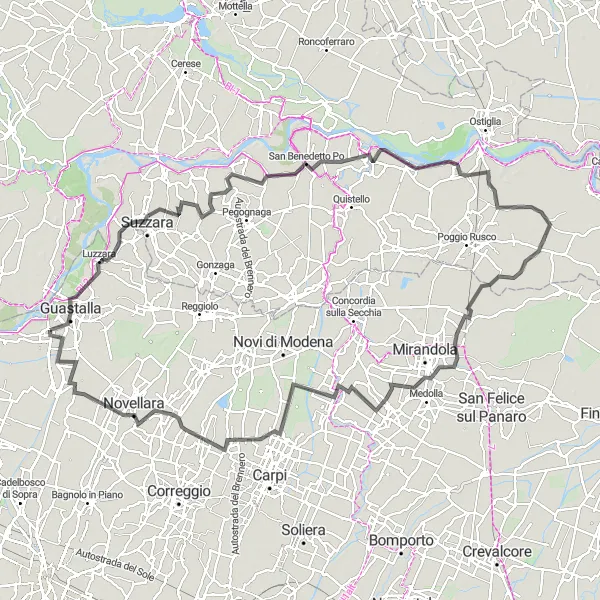 Miniaturní mapa "Okružní cyklistická trasa z Gualtieri" inspirace pro cyklisty v oblasti Emilia-Romagna, Italy. Vytvořeno pomocí plánovače tras Tarmacs.app