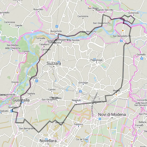 Miniaturní mapa "Cyklistická cesta okolo Gualtieri" inspirace pro cyklisty v oblasti Emilia-Romagna, Italy. Vytvořeno pomocí plánovače tras Tarmacs.app